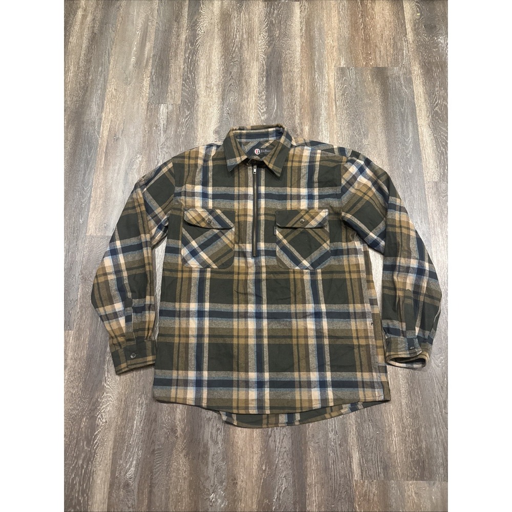 Five Brother Flannel Shirt 1/2 Zip Large Brown Plaid Workwear Heavyweight